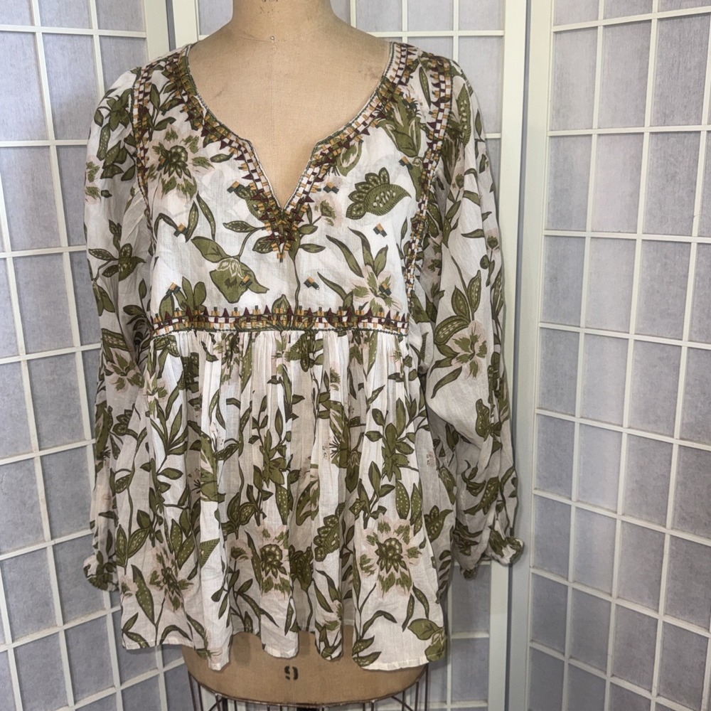 World Market Blouse Embroidered Green Floral 100% Cotton Women's Size L/XL New - Picture 11 of 15